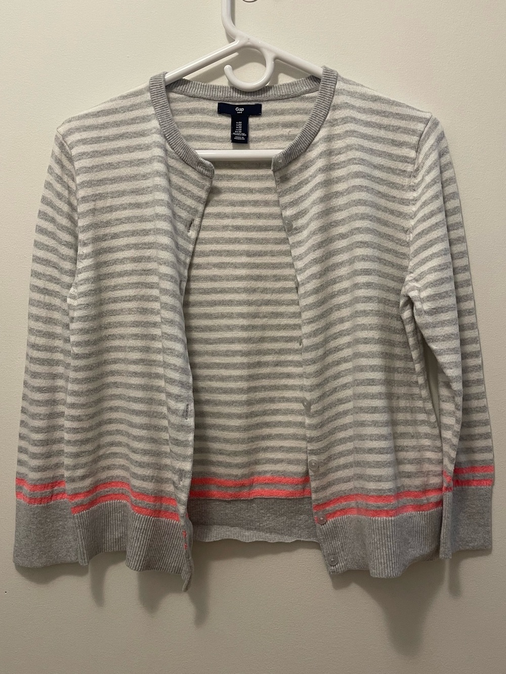 GAP Women's Gray and White Stripe Cardigan with Coral Trim